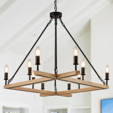 Imagem de Poemoon Farmhouse L53'' Lustre quadrado de madeira natural 10 luzes rústico retangular lustres de vela de teto longo iluminação pendente para sala de estar sala de jantar foyer cozinha quarto teto