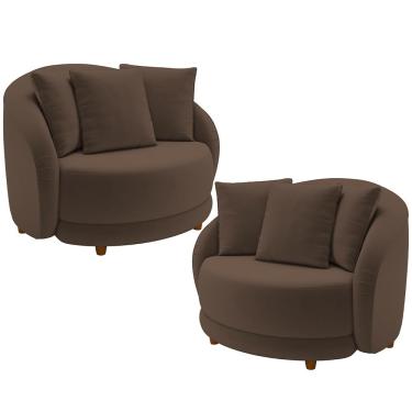 Imagem de Kit 02 Poltronas Decorativas Para Sala de Estar Base Fixa Pés Madeira Witta M03 Veludo Marrom - Lyam Decor