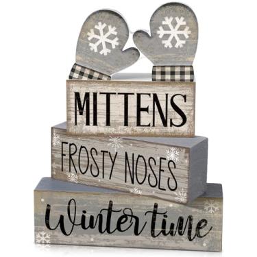 Imagem de Lineshading 4 peças de decorações de mesa de Natal luvas de madeira decoração de inverno bandeja em camadas decoração rústica placas de bloco de floco de neve presente casa de fazenda centro de mesa