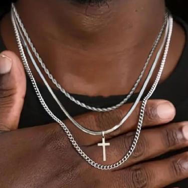 Imagem de Colar de cruz em camadas de prata e ouro para mulheres, banhado a ouro, cruz em camadas, zircônia cúbica, colar com pingente delicado para mulheres, ajustável, moderno, clipe de papel, corrente