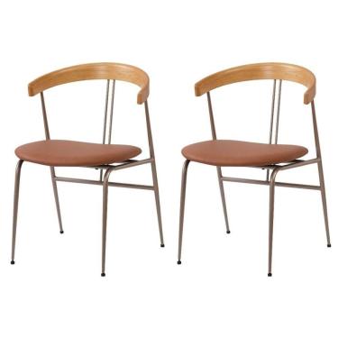 Imagem de Kit 2 Cadeiras Escandinávia Fratini Encosto Madeira Assento Pu Caramelo Estrutura Aço Champangne