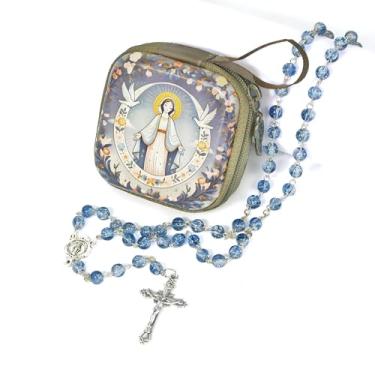 Imagem de Rosário de contas de vidro azul feito à mão com crucifixo, contas de oração religiosa, contas de 6 mm, comprimento de 44 cm, cruz de prata, caixa de presente decorativa de metal