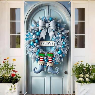 Imagem de BlissYard Capa para porta de Natal, cenário fotográfico, guirlanda, azul, prata, pernas de elfo, 91 x 188 cm, faixa para decoração de porta de inverno, para casa, exterior, interior, entrada, festa