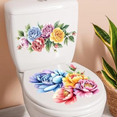 Imagem de Adesivo de tampa e tanque de vaso sanitário rosa aquarela 39,9 cm x 30 cm buquê de flores coloridas decalques de capa de assento de vaso sanitário decoração de cisterna floral adesivos descascar e