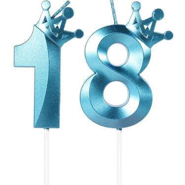 Imagem de Velas de aniversário azuis número 18, topo de bolo de feliz aniversário de 18 anos, vela de aniversário com número de coroa 3D, 18 velas de aniversário para meninos e meninas, decoração de aniversário