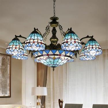 Imagem de Lustre vintage americano de luxo europeu para sala de estar, restaurante, quarto, villa, hotel, café ou bar, luminária pendente de vidro azul com LED (B 8 lâmpadas)