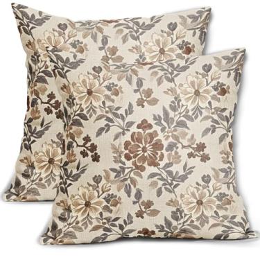 Imagem de Conjunto de 2 capas de almofada florais vintage marrom 50,8 x 50,8 cm, cinza cinza com estampa de blocos de flores antigas, fronhas decorativas, capas de almofada de casa de fazenda, decoração de arte