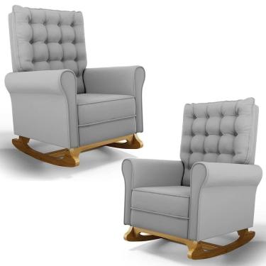 Imagem de Kit 02 Poltronas De Amamentação Base Madeira Balanço Brenda G05 Veludo Cinza - Mpozenato