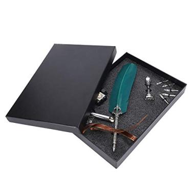 Imagem de Conjunto de canetas de pena Caneta de mergulho para escrita de penas Presente vintage de caligrafia antiga para alunos Professores Escritores com 5 pontas de reposição Suporte (Verde)