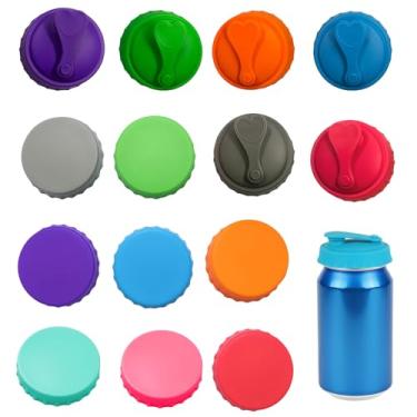 Imagem de Pacote com 14 tampas de lata de refrigerante, capas de silicone reutilizáveis com design de encaixe, vedação à prova de vazamento para latas padrão, cores sortidas para uso ao ar livre, viagens e uso
