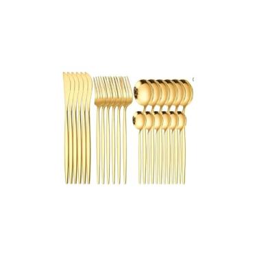 Imagem de Conjunto de Talheres Dourados, 24 Peças em Aço Inox, Faca, Garfo, Colher de Mesa e Colher de Sobremesa, para Jantares e Eventos Especiais