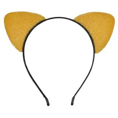 Imagem de HoveBeaty Orelhas de gato pretas, tiara de orelhas de gato, orelhas de gato macias, acessórios de cabelo para baile de máscaras de cosplay de Halloween (amarelo)