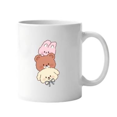 Imagem de Caneca de Cerâmica Branca com Estampa Fofa de Animais Empilhados, Design Kawaii de Coelho, Urso e Cachorro (2, Branca, Grande)