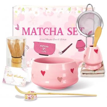 Imagem de Cinsenten Conjunto de 8 peças de matcha de cerâmica fofo com tigela de batedor, suporte de kit de chá matcha, colher de bambu, peneira, toalha incluída, presente de aniversário de Natal para amantes