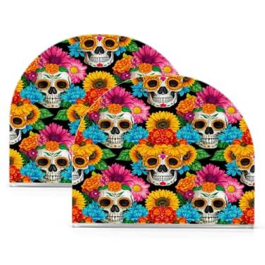 Imagem de Qilmy Porta-guardanapos de acrílico de caveira e girassóis de Halloween, suporte de lenços de mesa independente transparente, dispensador de papel de coquetel para cozinha, jantar, restaurante, bar