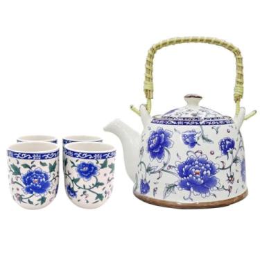 Imagem de Jogo de Chá com Bule de Porcelana 900ml com Infusor e 4 Copos 150ml | Kit Café Tokyo 30a(Branca com Peônias Azuis)