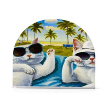 Imagem de JUZIHAI Palms Beach Cats Porta-guardanapos para mesa Dispensador de guardanapos de acrílico para mesa Suporte de lenços independente para cozinha sala de jantar bar festa decoração de casa