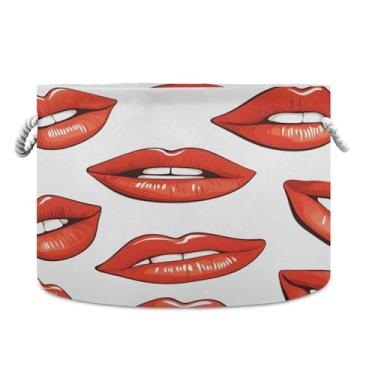 Imagem de JUZIHAI Lábios vermelhos grande cesto de roupa suja dobrável à prova d'água com alças de corda de algodão para organização doméstica no quarto, banheiro e carro