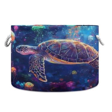 Imagem de JUZIHAI Cesta de armazenamento dobrável de água-viva tartaruga do oceano cesto de roupa suja para bebês com alças de corda de algodão, caixa organizadora de armário dobrável para quarto, berçário