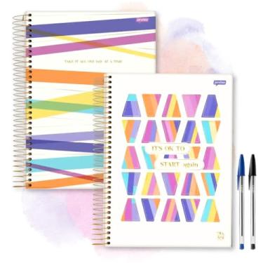 Imagem de Caderno Universitário Feminino Espiral Menina Colorido Com Adesivos COMBO com 2 Cadernos + 2 Canetas (Trapezio + Faixas)