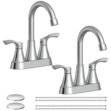 Imagem de Pacote com 2 torneiras de banheiro cromadas com 3 furos, torneira Evolvegoods de aço inoxidável para pia de banheiro de 10 cm, torneira central de 2 alças para pia de banheiro, com ralo pop-up e 2