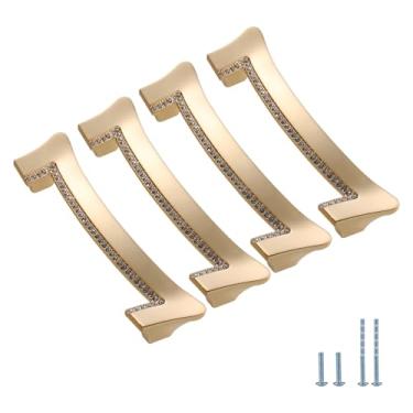 Imagem de Evionlin Pacote com 4 puxadores de armário de cristal dourado puxadores de armário de cozinha 5,04 polegadas (128 mm) Puxadores modernos de gaveta de centro a furo para puxador de armário quarto