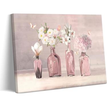 Imagem de QJDFGUZY Vaso rosa arte de parede de banheiro flor vintage borboleta decoração de parede rústico lírio hortênsia impressão de pintura em tela para quarto adolescente-menina apartamento sala de estar