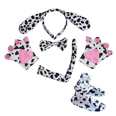 Imagem de Petitebella Dálmatas Faixa de cabeça para cachorro com laço e luvas 5 peças Fantasia (tamanho único) Branco