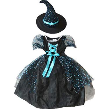 Imagem de Petitebella Vestido de fantasia de bruxa de Halloween para crianças de 2 a 8 anos (4 a 6 anos, azul)
