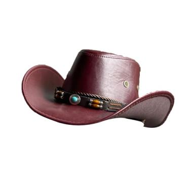 Imagem de APLVFFZH Chapéu de Cowboy, Chapéu de Cowboy Estilo Faroeste, Chapéu de Jazz, Chapéu de Fantasia em PU com Proteção Solar E Aba Larga para Aniversários, Acampam, Clarete