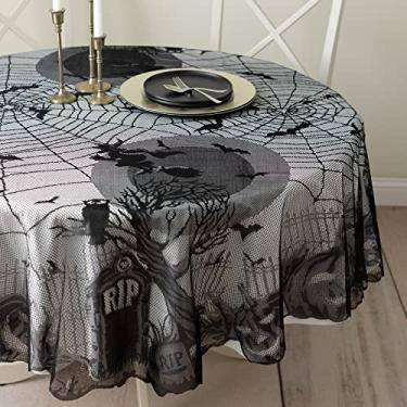 Imagem de Benson Mills Toalha de mesa de Halloween com tecido de renda de teia de aranha assustadora (preta, redonda de 177,8 cm)