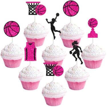 Imagem de Cheerupp Conjunto de 36 peças de enfeite de cupcake com tema de basquete com glitter rosa, decoração de inserção de cupcake de basquete, palitos de cupcake com tema esportivo para aniversário, chá de