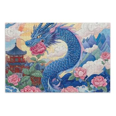 Imagem de Quebra-cabeça floral asiático dragão azul 500 peças para adultos, arte de arte, estampa animal, quebra-cabeça legal para adultos, elefante branco, 51 x 35 cm