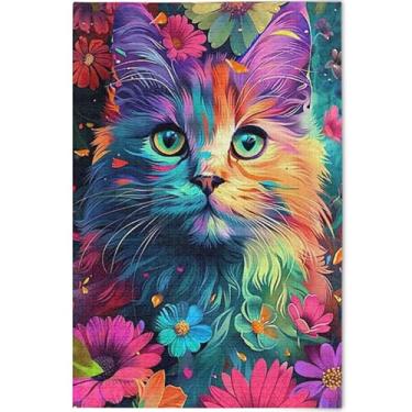 Imagem de Quebra-cabeça colorido com flores de gato para adultos, 500 peças, engraçado, presentes tecnológicos, quebra-cabeça, cena de outono, arte personalizada, 52 x 37,8 cm
