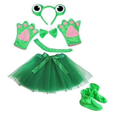 Imagem de Sapo Faixa de Cabelo Laço Cauda Luvas Sapatos Tutu Verde 6 Peças Festa Fantasia Feminina (Tamanho Único)