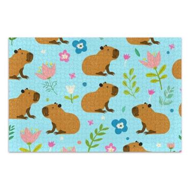 Imagem de Quebra-cabeça adulto 500 peças família amantes presentes divertido Prime puzzle jogo de arte bonito capivaras flores coloridas azul, 50 x 35 centímetros