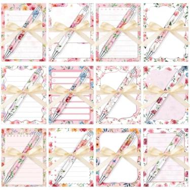 Imagem de Dispowreath O conjunto de 36 notas adesivas de flores inclui 12 blocos de notas florais, 12 canetas de flores e 12 fitas de blocos de notas florais para escola, escritório, lembrancinhas de festa de