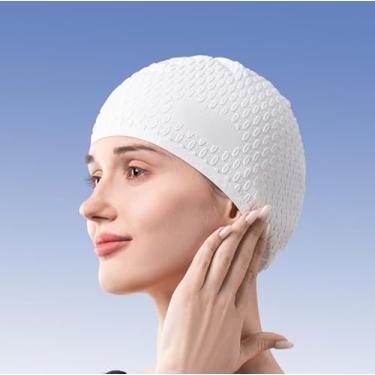 Imagem de Touca de natação de silicone adulto para cabelos longos, impermeável, elástica, confortável, chapéu de natação para homens e mulheres (branco)
