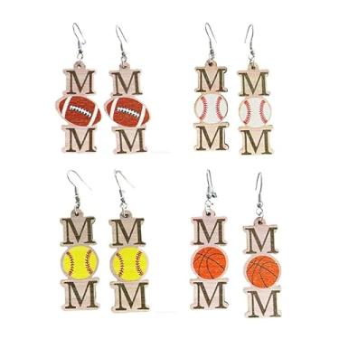 Imagem de ONLYJUMP Conjunto de brincos esportivos de madeira para mulheres, 4 pares de brincos leves para o dia do jogo, futebol, beisebol, softball, basquete, desenhos de madeira natural, para fãs de esportes