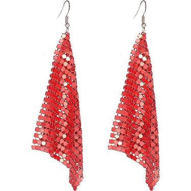 Imagem de Brincos de pingente retangular de lantejoulas DOCCESTU com pingente de borla de malha leve brincos longos de lantejoulas coloridas brincos geométricos femininos joias de festa de bola (vermelho)