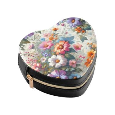 Imagem de Burbuja Caixa de joias em forma de coração com flores de primavera, mini estojo de viagem para mulheres e meninas, organizador portátil de armazenamento para brincos, anéis, colares e pulseiras