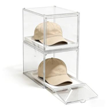 Imagem de Criamolo Pacote com 2 organizadores de chapéus para bonés de beisebol, caixa transparente com gaveta, armazenamento de tampas grandes com bandeja deslizante, estojo de exibição empilhável com porta