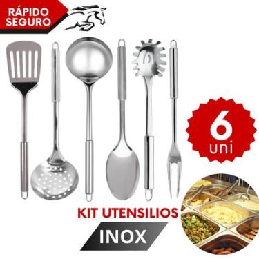 Imagem de Utensílios de Cozinha Inox Kit Completo Colher Concha Escumadeira Espá