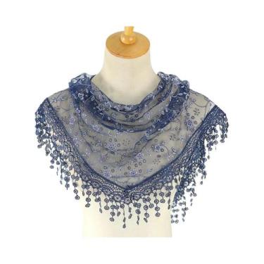 Imagem de Lenço Triangular Feminino 125x36cm Com Borlas, Bordado Floral Em Renda