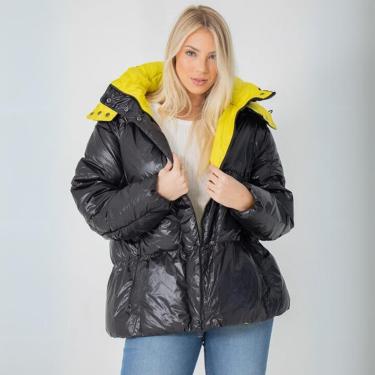 Imagem de Jaqueta Feminina Nylon Puffer Ampla Forro Colorido Fecho em Ziper Capuz Removível-Feminino