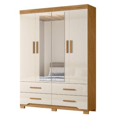 Imagem de Guarda Roupa Casal Miami 4 Portas Bater MDP-MDF com Espelho Freijo Off White Moval Móveis