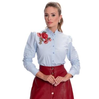 Imagem de Camisa Social Feminina Bordado Floral Algodão Luxo Teodoro, Azul claro