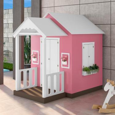 Imagem de Casinha de Brinquedo L12 em MDF com Varanda Artesanal Branco Rosa Criança Feliz