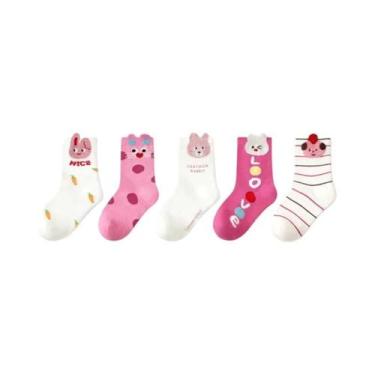 Imagem de Meias Quentes Adoráveis De Coelhinho Rosa Para Crianças, 5 Pares, Forr