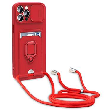 Imagem de Capa para iPhone 14/14 Pro/14 Plus/14 Pro Max, capa traseira fina, capa deslizante de proteção de lente, cordão, anel giratório, slot para cartão, capa de TPU à prova de choque, vermelha, 14 plus 6,7 polegadas